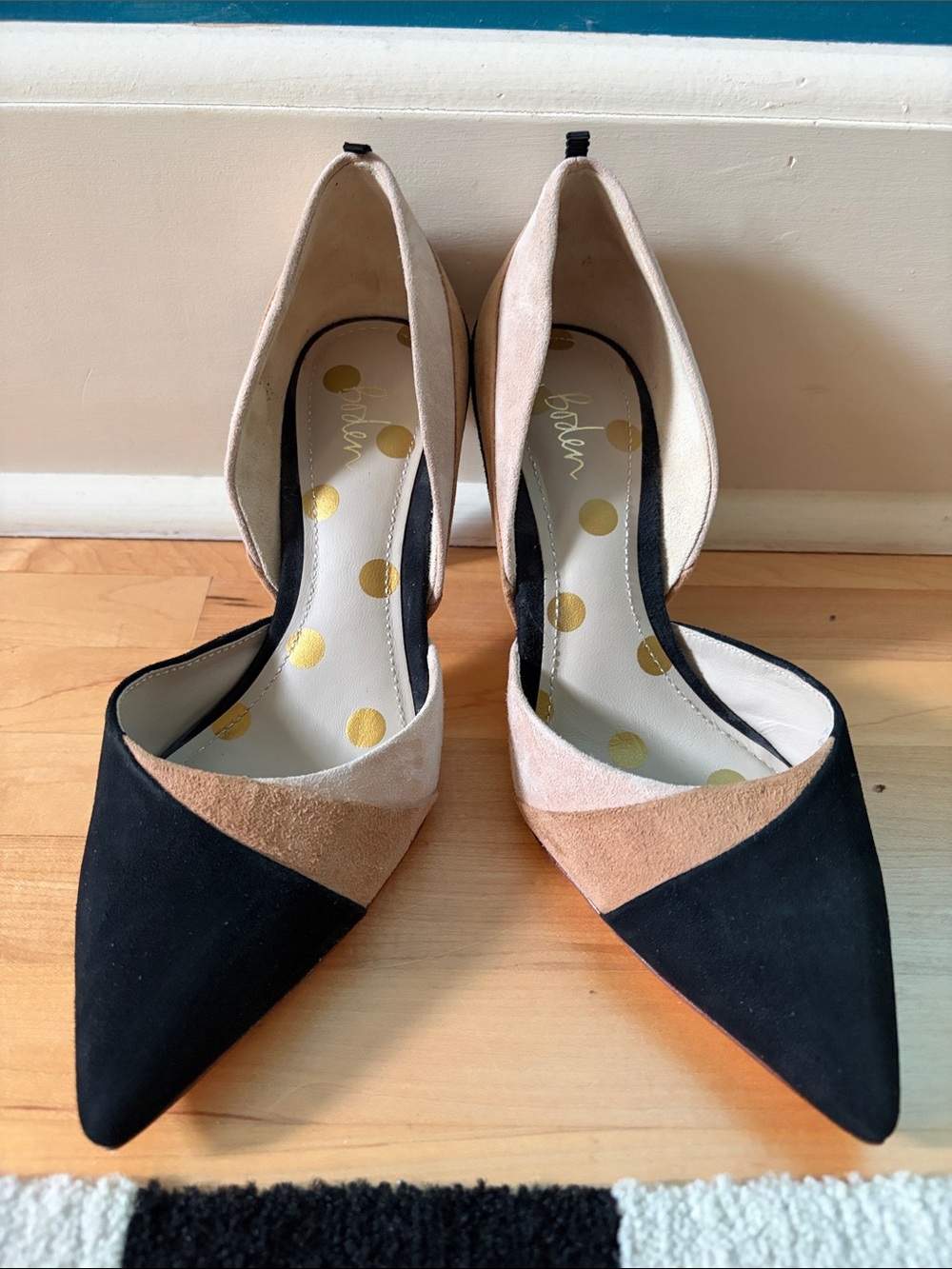 Boden Three Tone Henrietta Pointed Suede d'Orsay Pumps in Black, Tan and Beige
